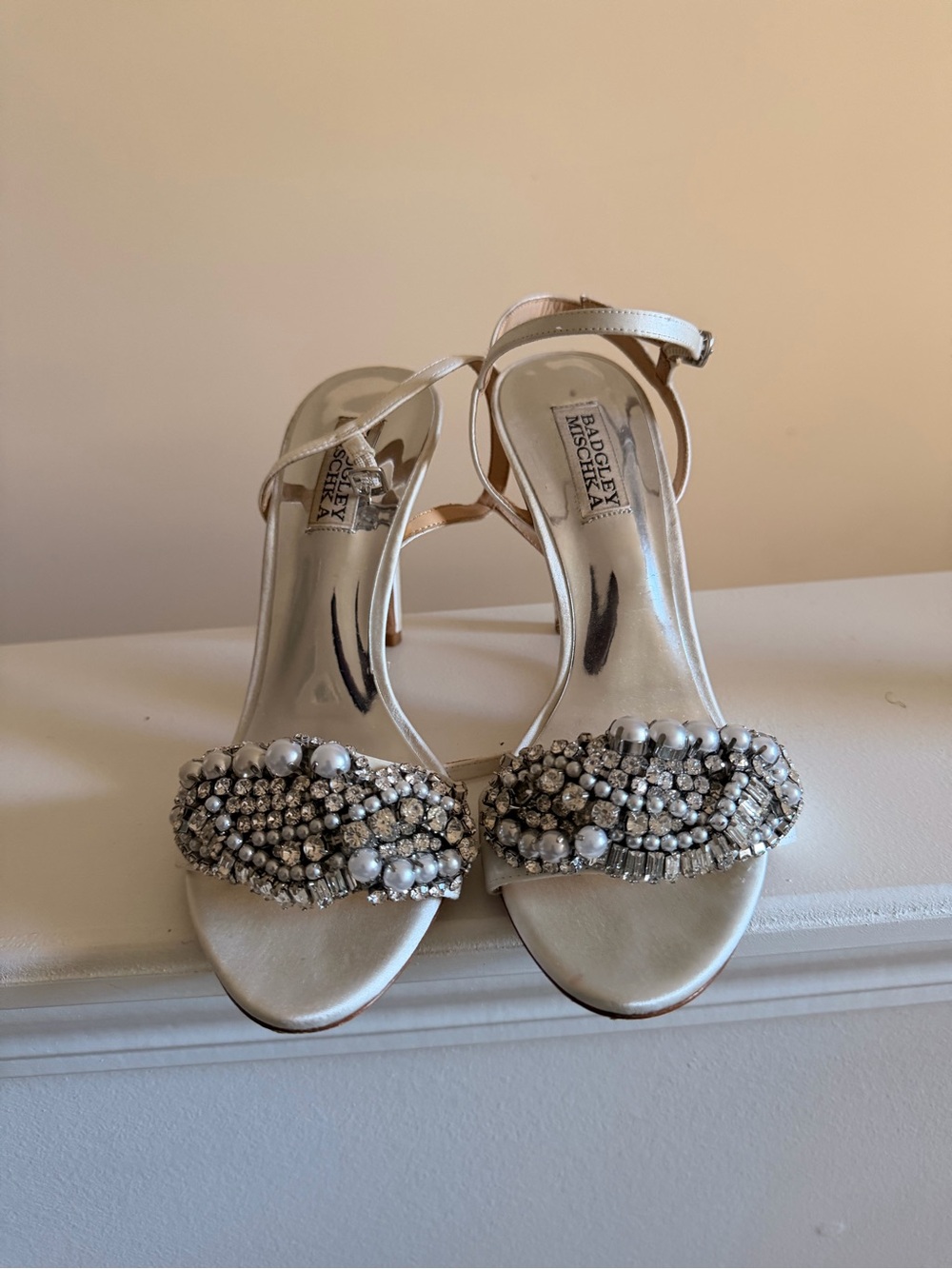 Badgley Mischka Silver Crystal & Pearl Embellished Open-Toe Heels